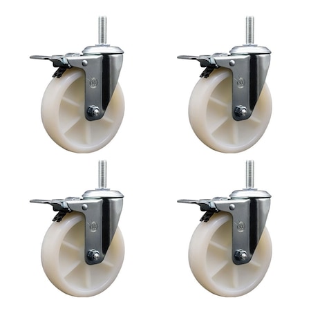 Service Caster 5 Inch Nylon Swivel 34 Inch Threaded Stem Caster Set with Total Lock Brake SCC-TSTTL20S514-NYS-34212-4